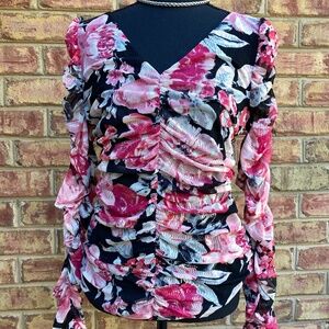 NWT White House Black Market WHBM Black Floral Print Ruched Blouse Top
